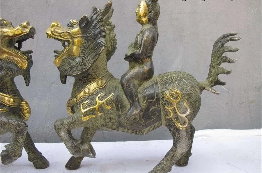 China Feng Shui Bronze Gilt Lucky Yuanbao Wealth baby Dragon kylin statue pair | Дом и сад