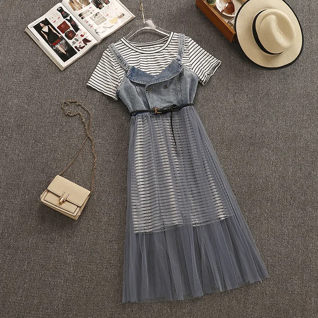 Женские летние комплекты из 2 предметов полосатые длинные футболки с коротким