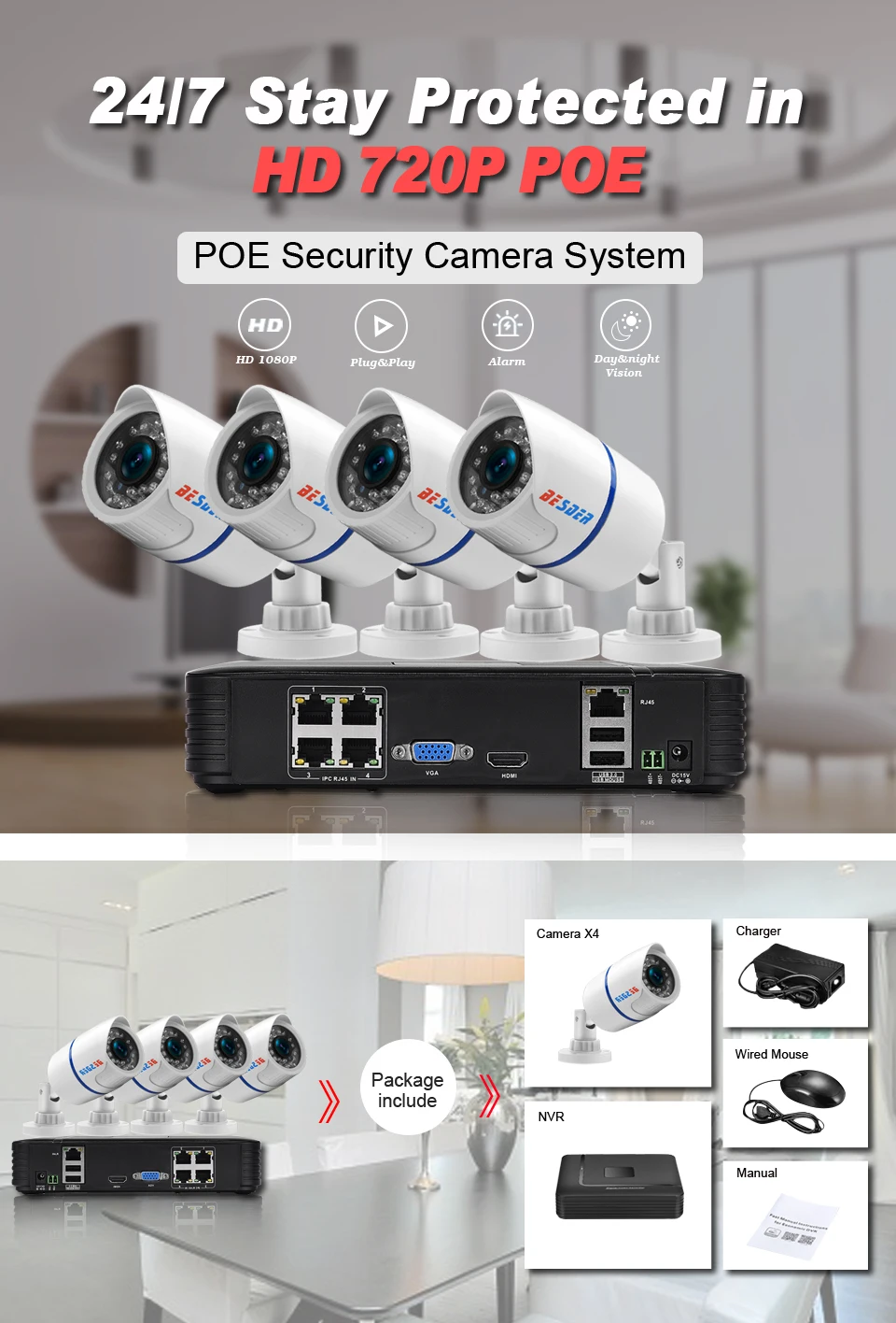 Besder 720P PoE Комплект видеонаблюдения 1.0MP Водонепроницаемый на открытом воздухе/Крытый PoE IP CCTV безопасности Системы 4CH POE 15V сетевому видеорегистраторУ 2/4 шт. IP Камера PoE P2P RTSP