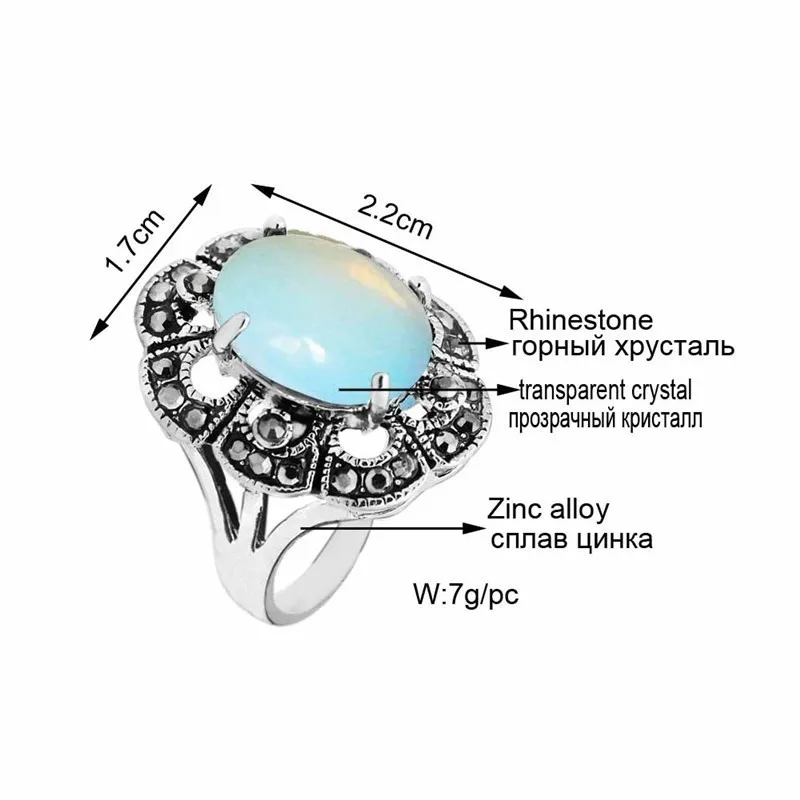 Oval Transparent Opal Rings For Women Antique Silver Plated Rhinestone Plum Flower Vintage Jewelry TR706|Кольца| |