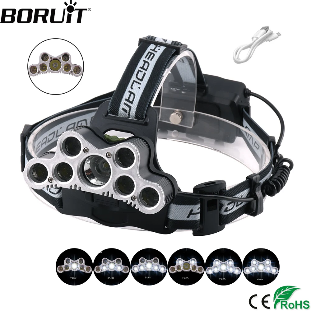BORUiT кв-010 XML T6 R2 светодиодный налобный фонарь USB Зарядное устройство 6-режимный фар IPX4 Водонепроницаемый Налобный фонарик Рыбная ловля 18650 Батарея
