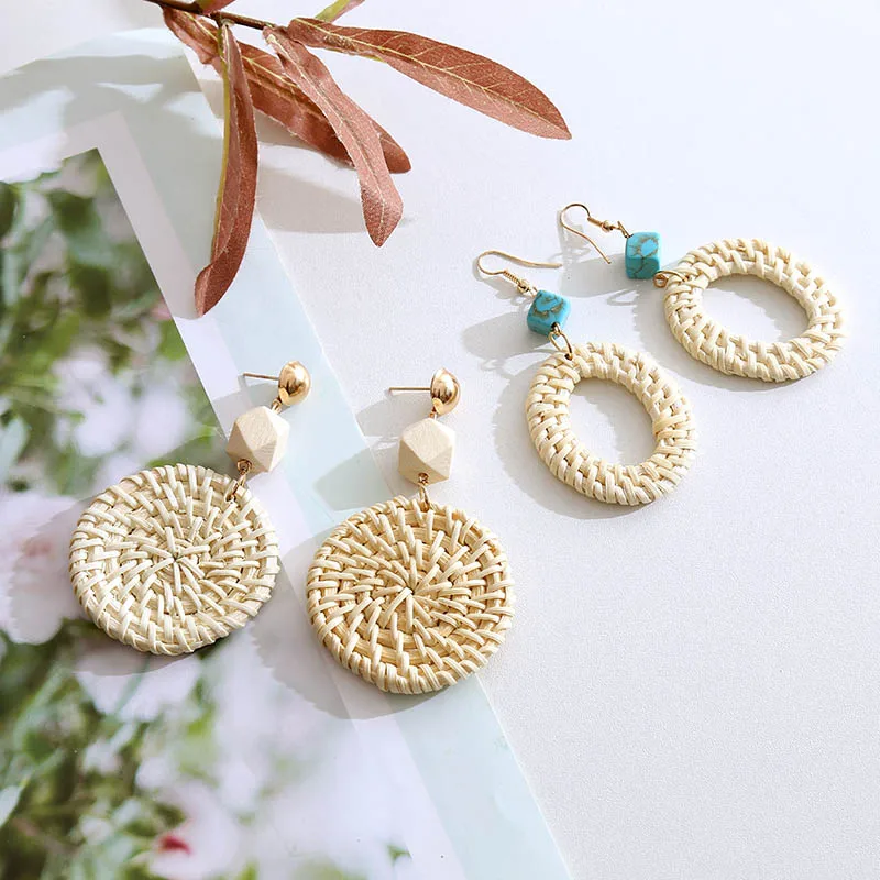 Женские Висячие серьги ручной работы винтажные круглые из ротанга