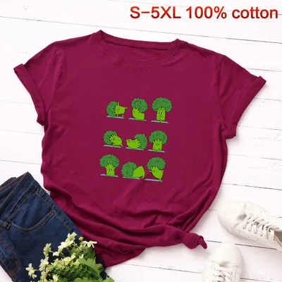 wine red SINGRAIN забавная брокколи хлопковая Футболка для женщин летние овощи размера плюс базовые Топы многоцветный Harajuku Vegan Футболка с принтом - Цвет: wine red