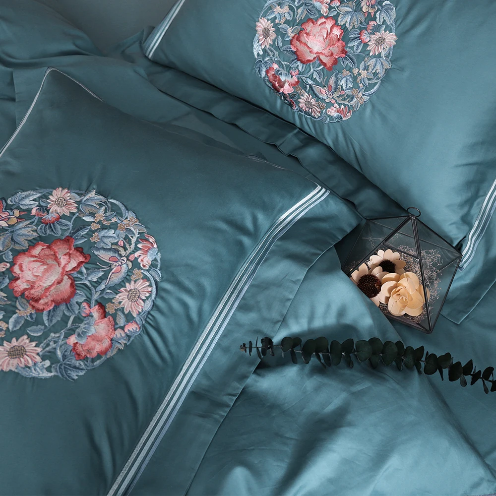 Роскошный Синий Комплект постельного белья из 100% хлопка с вышивкой в китайском