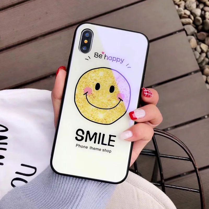 High Quality Blue-Ray Tempered Glass Phone Case For iPhone 8 7 6 6s Plus X XS Max XR Cute Cartoon Smile Face Clear Cover |