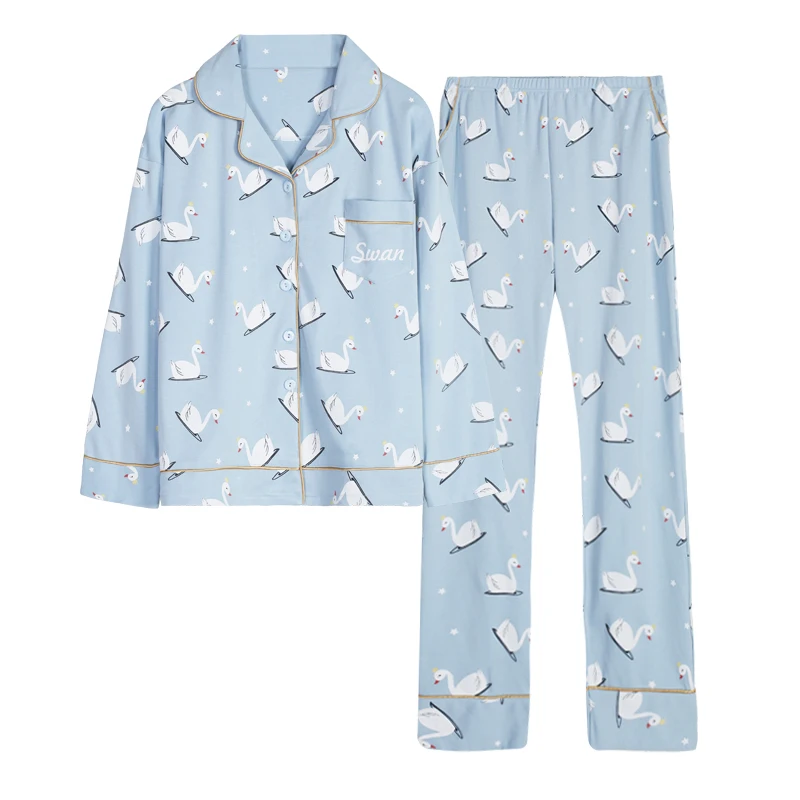 

BZEL Womens Pajama Sets Long Sleeve Suit Animal Cartoon Red-crowned Crane Girls Sleepwear Pijamas Suit Home Clothes Pyjama Mujer