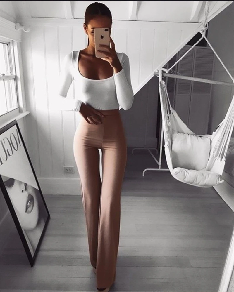

Spring 2019 Women Casual Flared Pant Ladies Stretch Solid Color Ankle-length Pants S-XL