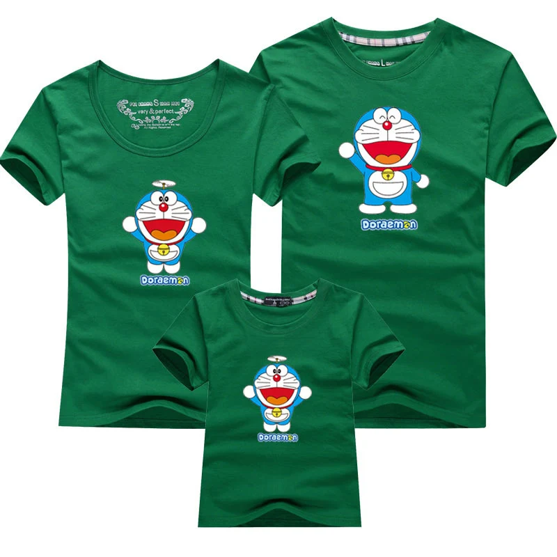 Green Doraemon/Новая летняя детская одежда для мальчиков и девочек Свободная Женская футболка с короткими рукавами одинаковые комплекты для отдыха для детей - Цвет: Green