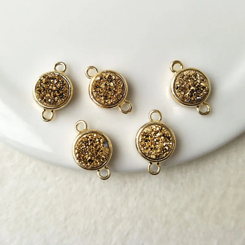 10шт. Золотистое покрытие круглый подвесной шарм из агатового друзи геода с двойной петлей для изготовления браслета и ожерелья ювелирных изделий CT89.