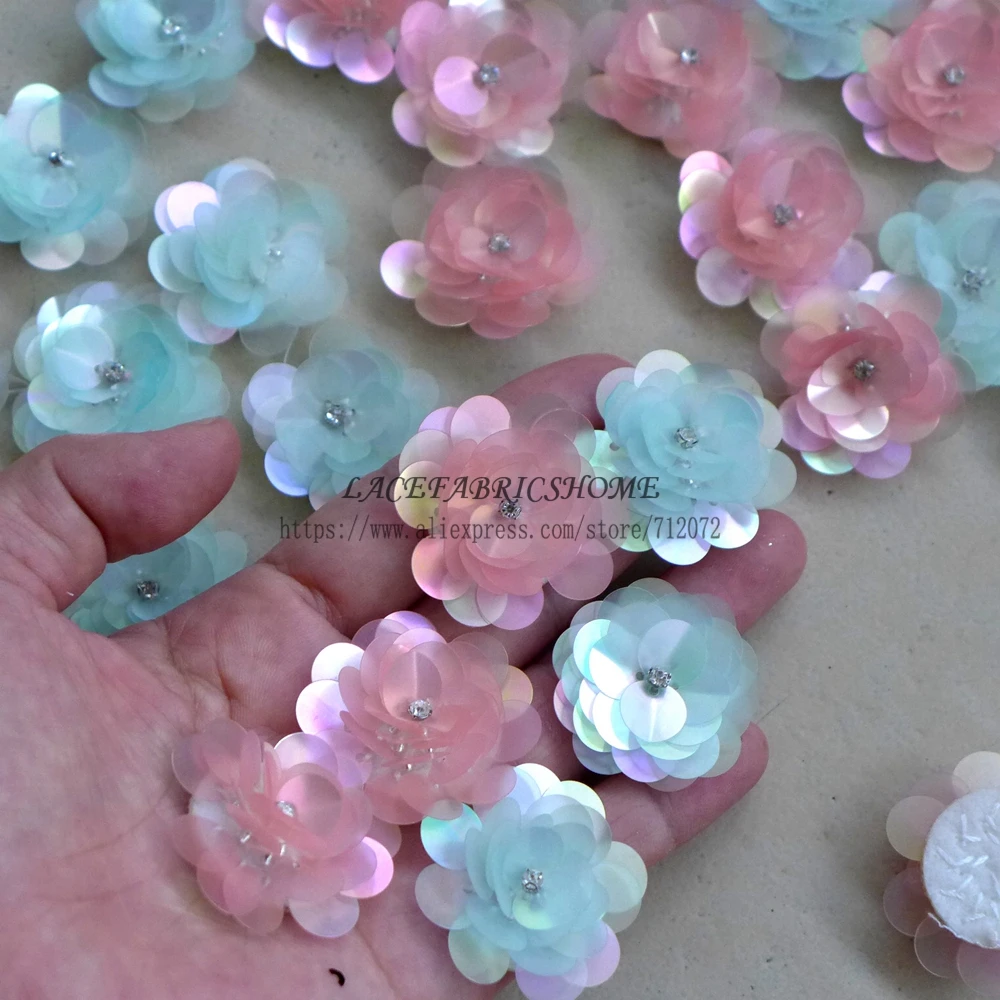 

La Belleza Pink/blue sequins/rhinestones 3D flowers 3cm diameter 50PC/lot