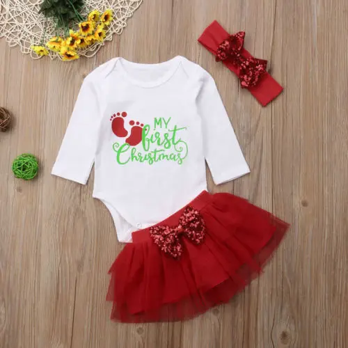 Топы для новорожденных девочек с надписью My First Christmas комбинезон юбка повязка на