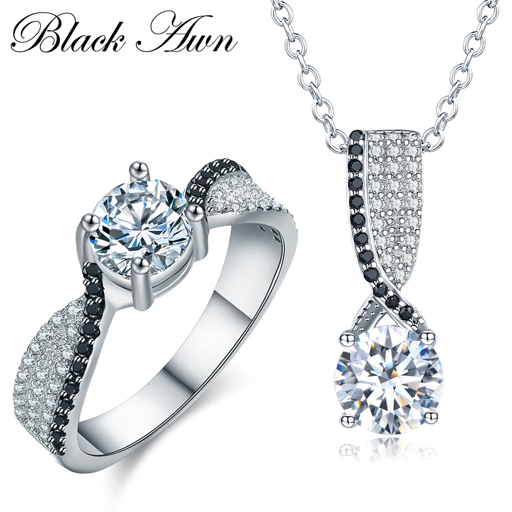 BLACK AWN Silver Color Jewelry Sets Trendy Engagement Sets Ring+Necklace for Women PR013