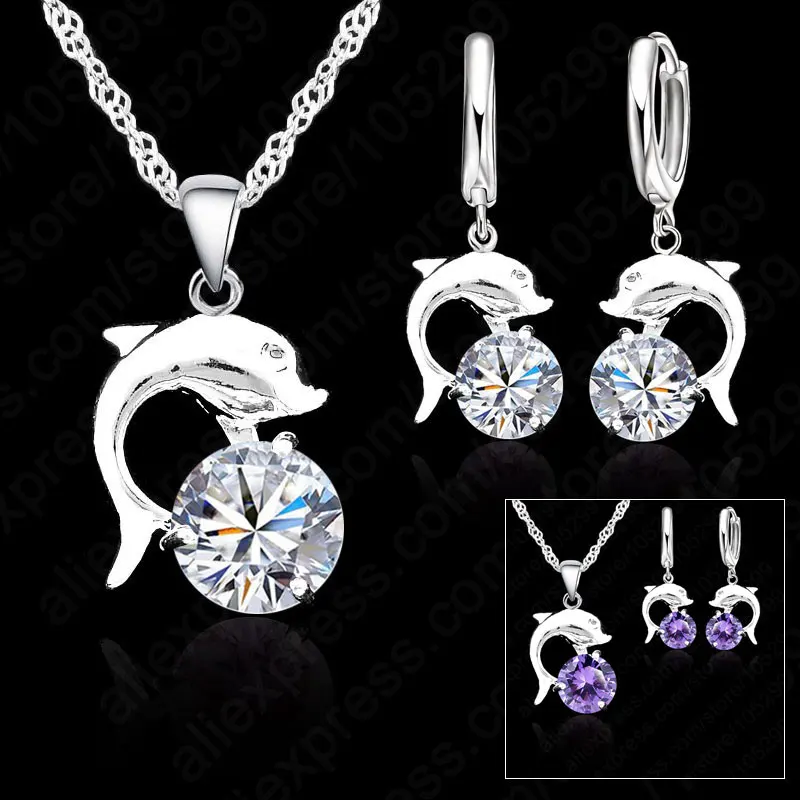 

Hot Sale Cute Lovely Dolphin Lever Back Earring Necklace Sets, 925 Sterling Silver With White Purple Crystal Jewelry