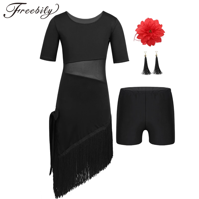 

Teen Girls Dance Dress Mesh Splice Irregular Tassels Hem Dress for Latin Ballroom Rumba Tango Performances Competition Costume