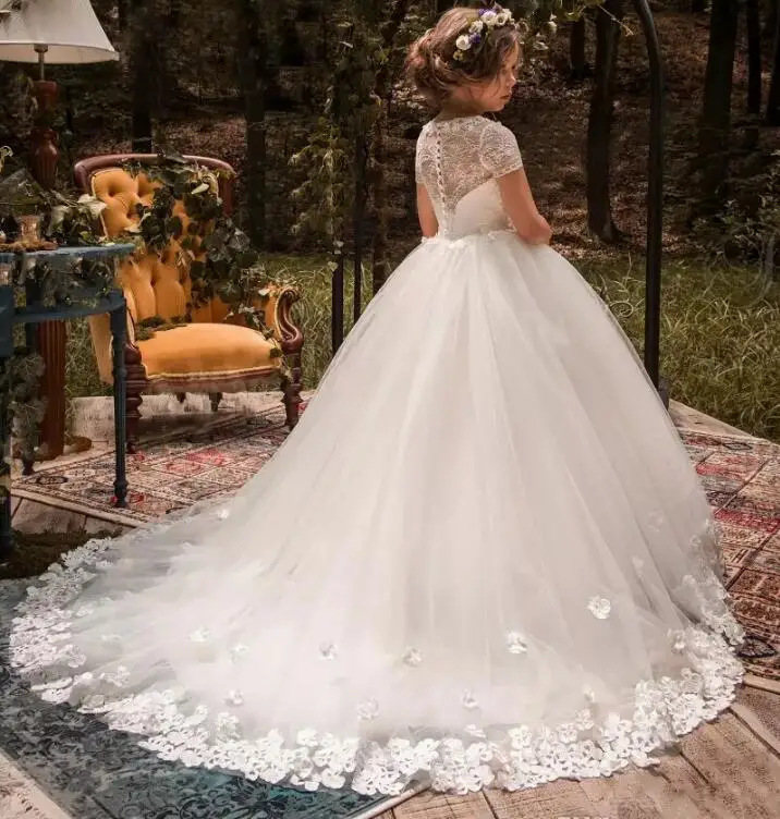 

Белое Бальное Платье с 3D цветочной аппликацией, платья для девочек на свадьбу, кружевное платье для маленьких детей на Первое причастие, раз...