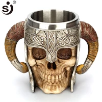 sj double stainless steel skull mug beer stein tankard coffee mug tea water cup knight helmet halloween bar drinkware gift