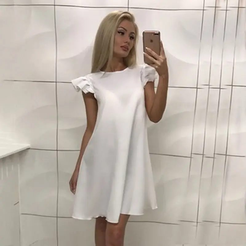 Женское летнее мини платье без рукавов Однотонный сарафан трапециевидной формы