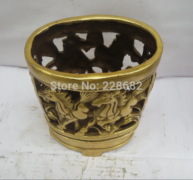 Коллекционный китайский латунный резной ажурный держатель для ручек с 4 лошадьми