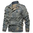 Винтажная Классическая джинсовая куртка, Осень-зима 2022, воротник-стойка, потертая армейская Военная тактическая куртка-бомбер, искусственная кожа