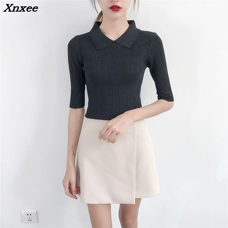 

2018 new female Korean summer autumn sweater turtleneck jacket slim short sleeved loose knit backing of students Xnxee