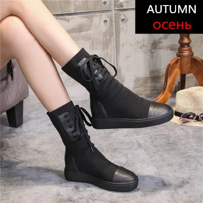 Black Autumn SWONCO/женские ботинки; коллекция года; сезон осень; натуральная кожа; Вязаная Шерсть; зимние ботинки; женская обувь; кожаные ботинки; женские ботинки до середины икры - Цвет: Black Autumn