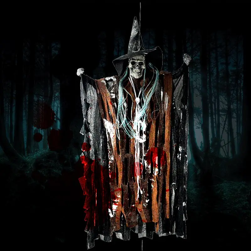 

Hot Selling Halloween Party Decoration Prop Hanging Skull Ghost Glowing Red Eyes Sound Effects Voice Activated