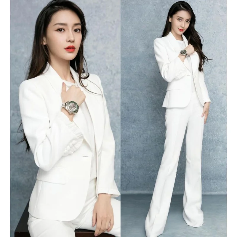 

2019 Spring Autumn Women White 2 Pieces Pants Sets Ruched Ruffles Sleeve Blazer + Long Pants Office Lady Work Suits Set Y232