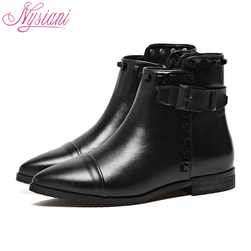 2019 Pointed Toe Rivets Winter Warm Short Boots For Women Brand Designer Buckle Fashion Motorcycle Ankle Heels Nysiani | Обувь