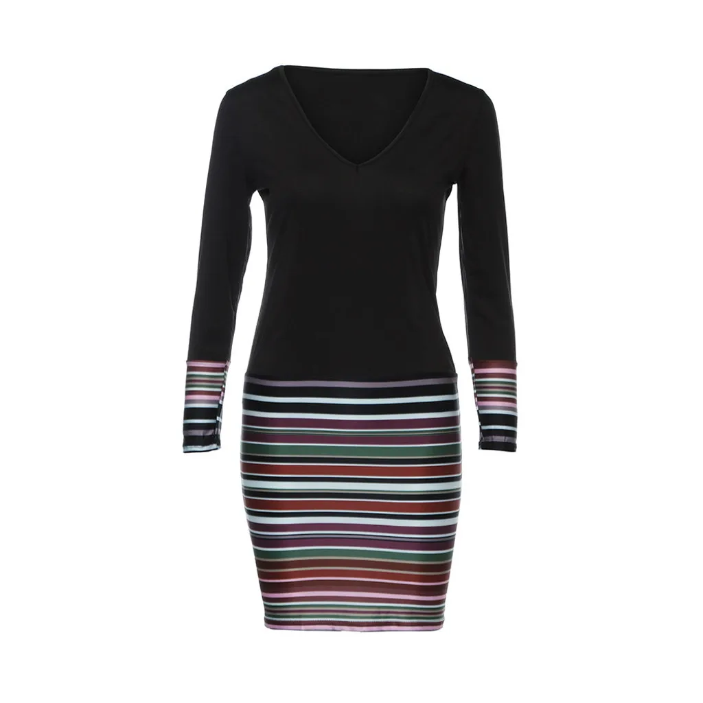 Женское платье в полоску с v образным вырезом и длинным рукавом вечерние платья M40