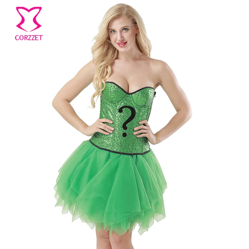 

Sexy Green Sequin Question Mark Pattern Corset Dress Vintage Burlesque Cosplay Carnival Corset+Skirt Magician Outfits Costumes