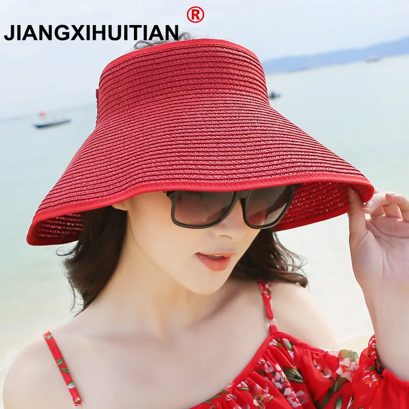 

Солнцезащитный козырек, пляжная шляпа, Дамский козырек, складная широкая однобортная женская летняя Солнцезащитная шляпа, дамская шляпа, летняя соломенная шляпа с широкими полями