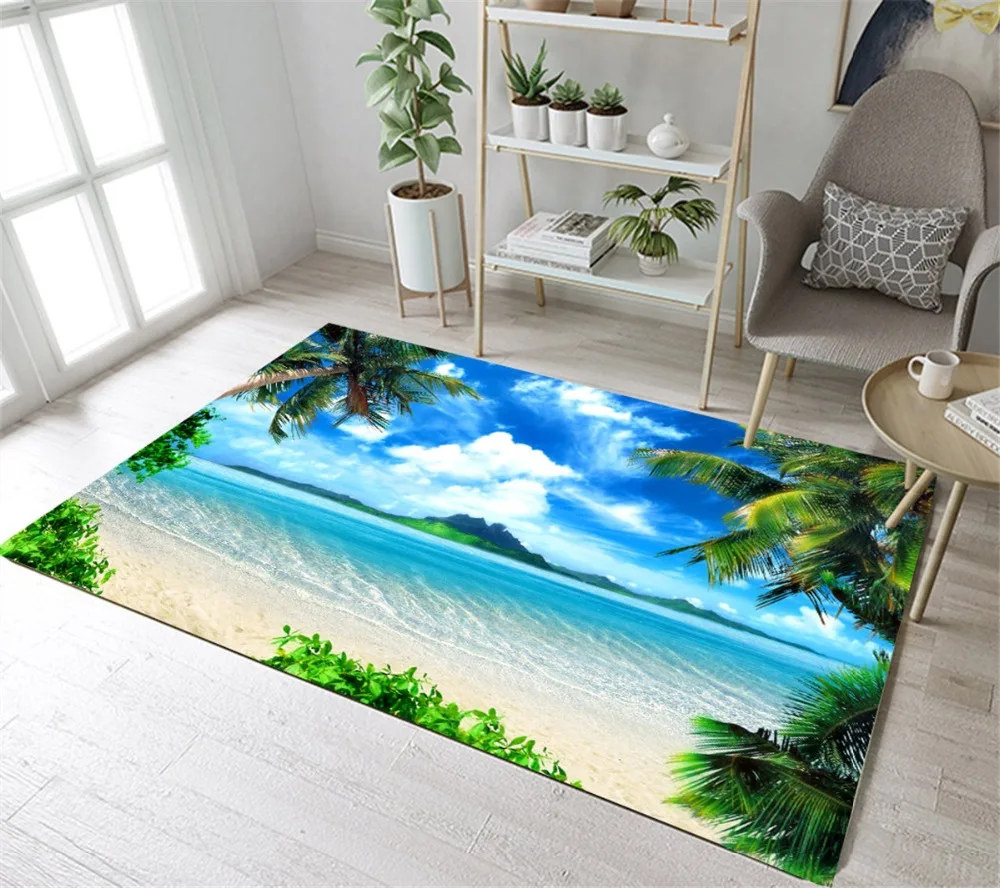 

LB Non-slip Blue Sky Sea Tropical Coconut Tree Kitchen Area Rug Beach Colorful For Living Home Room In Carpet Bedroom Green Leaf