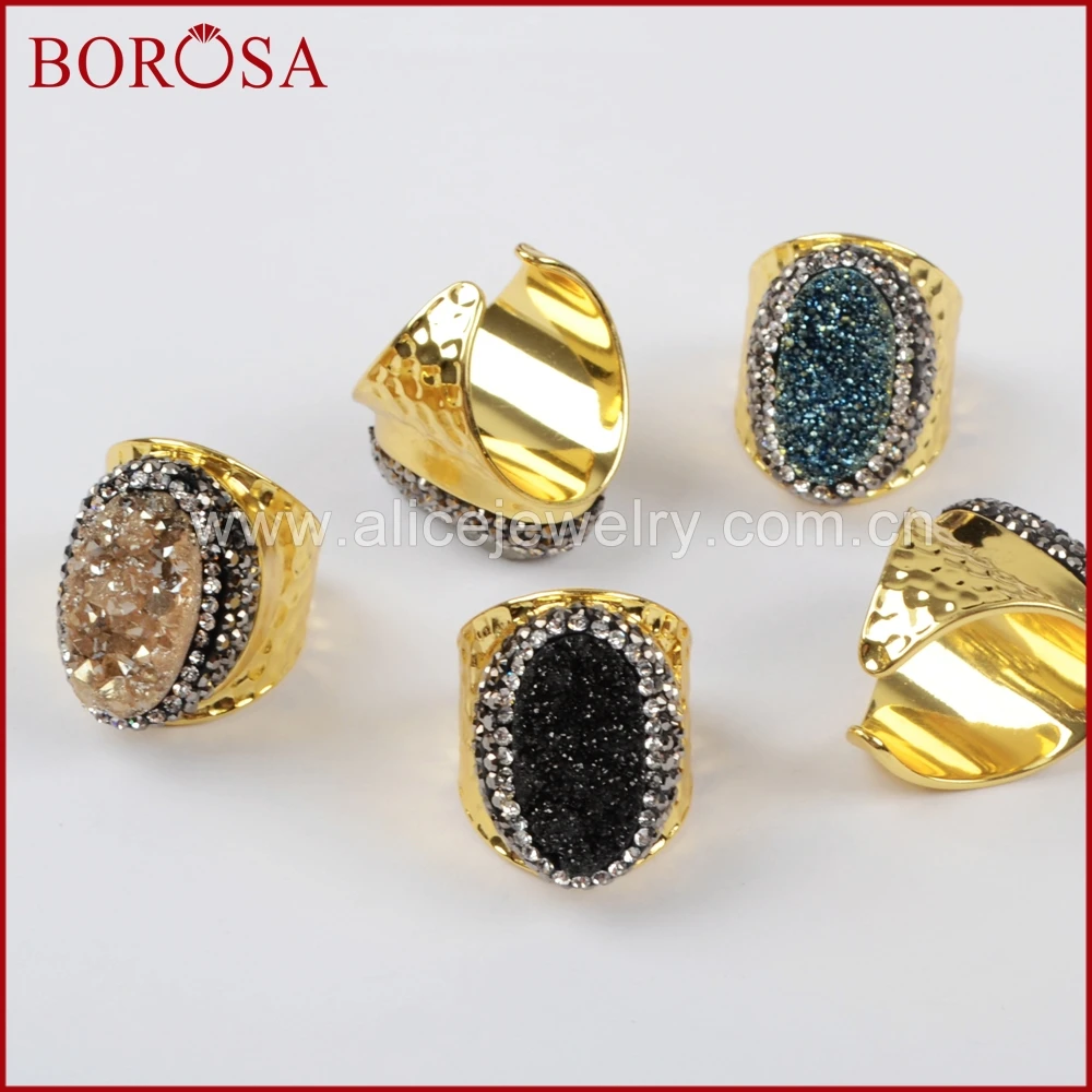 

BOROSA New Arrival Oval Shape Rainbow Titanium Druzy Crystal Ring,Crystal Rhinestone Pave Drusy Gold Plated Band Ring for Women