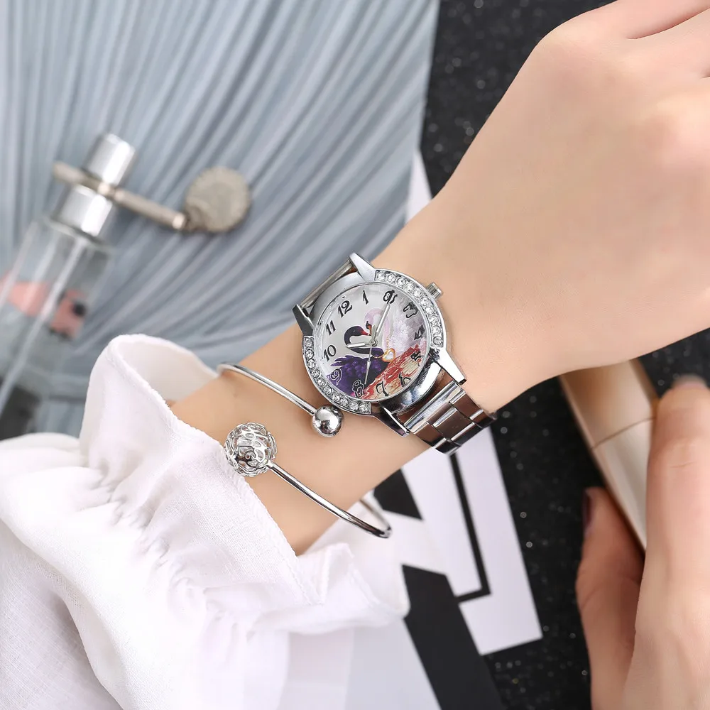 Розовое золото женские часы мода лебедь сердце сплав браслет аналог кварц алмаз