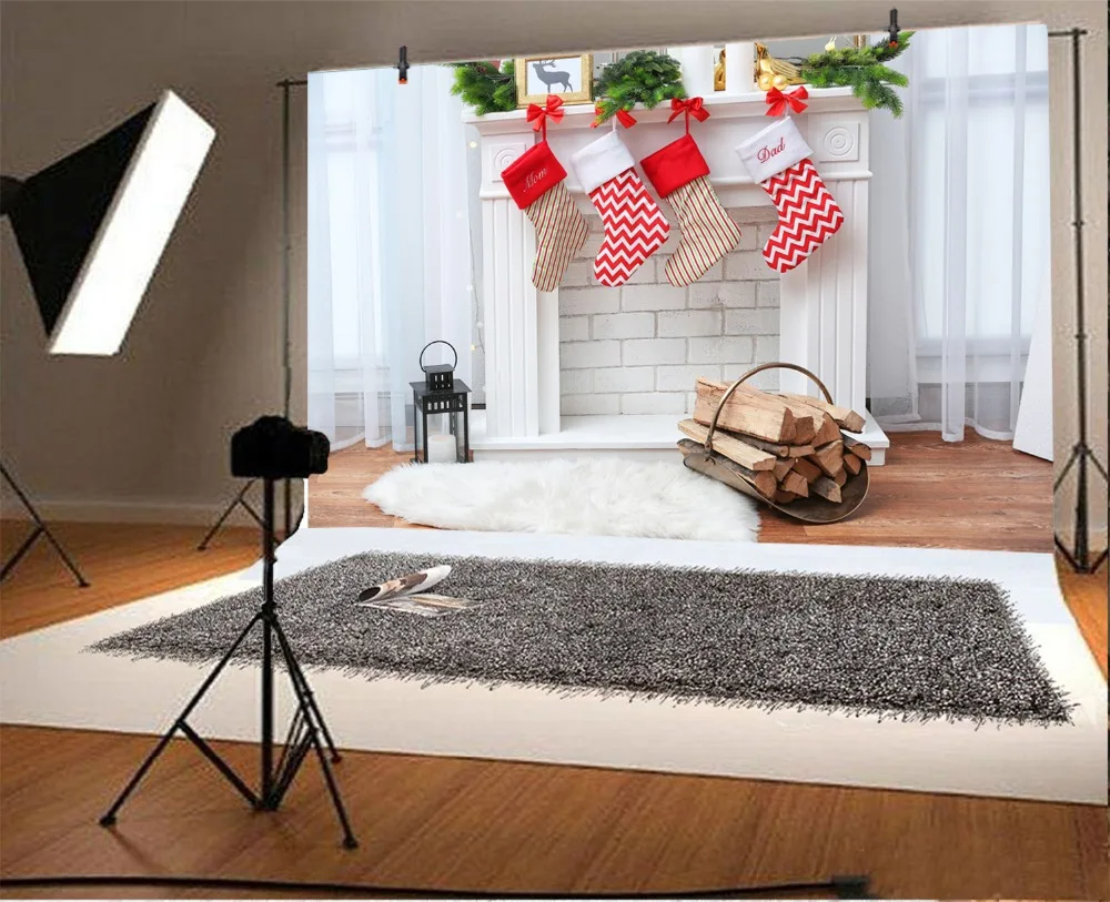 Laeacco Christmas Fireplace Stockings Woods Carpet Photography Backgrounds Customized Photographic Backdrops For Photo Studio |