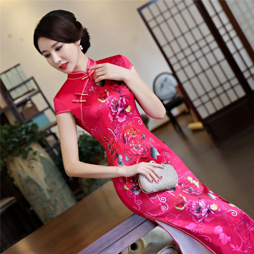 Шанхай история искусственного шелка Qipao Платье длинное Cheongsam национальный тренд платья короткий рукав тонкий Традиционный китайский платье для женщин