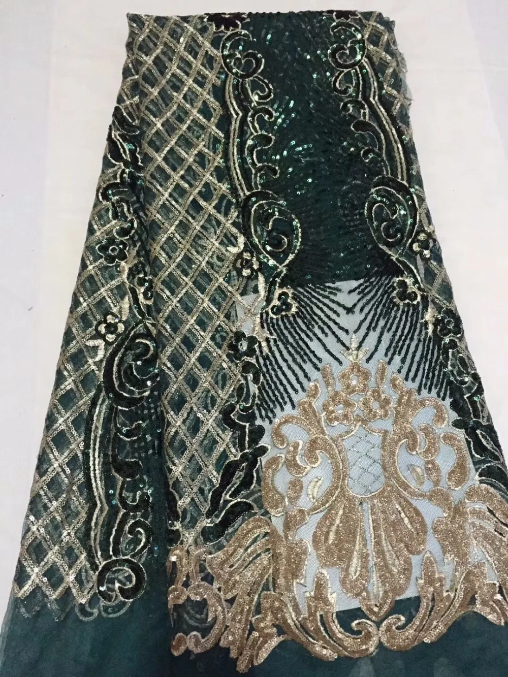 Кружевная ткань цвет зеленый золотой французский с блестками 2018|gold african lace|george