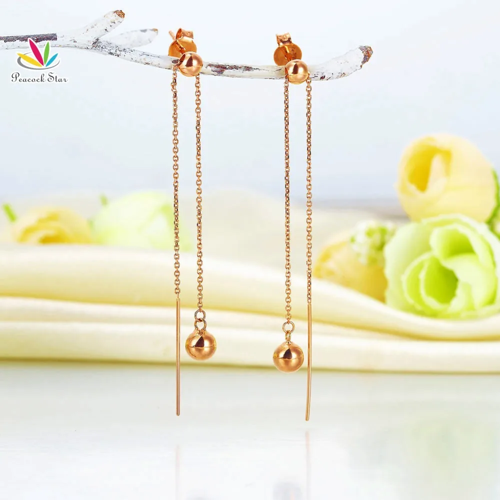 Real Solid 18K Rose Gold Long Line Earrings Drop Dangle Ball 2 -Way of Wearing Simple Elegant | Украшения и аксессуары
