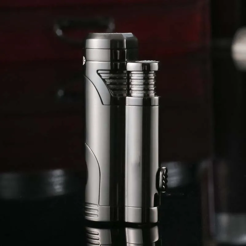 Black nickel Креативная зажигалка с прикуривателем двойная прямая синяя газовая зажигалка с пламенем ветрозащищенная реактивная Бутановая Зажигалка аксессуары для сигар - Цвет: Black nickel
