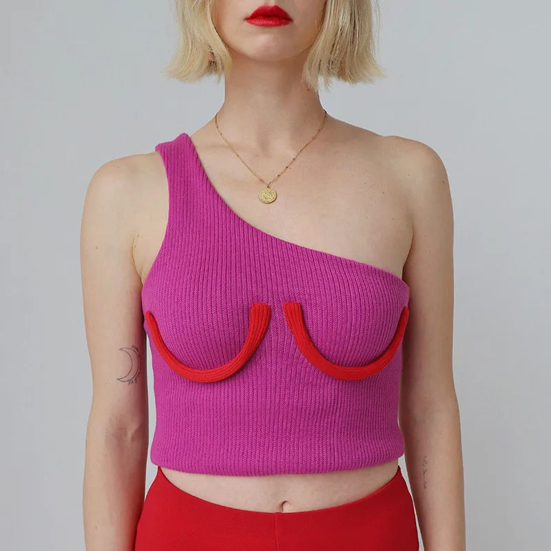 rose Red Майки Женщины Леди Женская с одним плечом укороченный топ без рукавов Футболка летняя майка с бретелями жилет укороченная летняя модная одежда - Цвет: rose Red