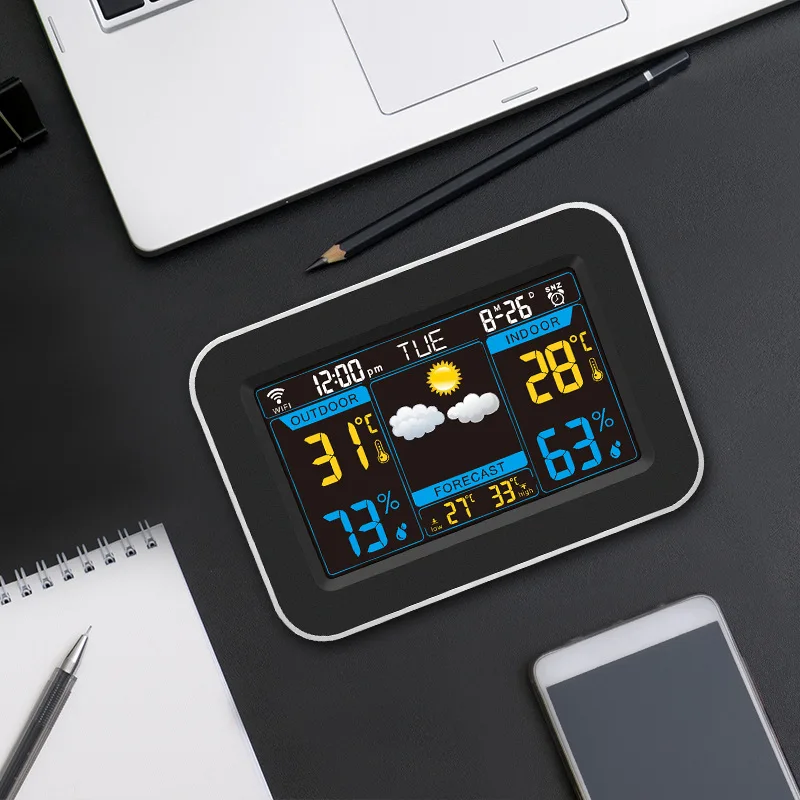 Color WiFi Weather Station Thermometer Hygrometer Snooze Clock Sunrise Sunset LCD Screen Display APP Control Global Language