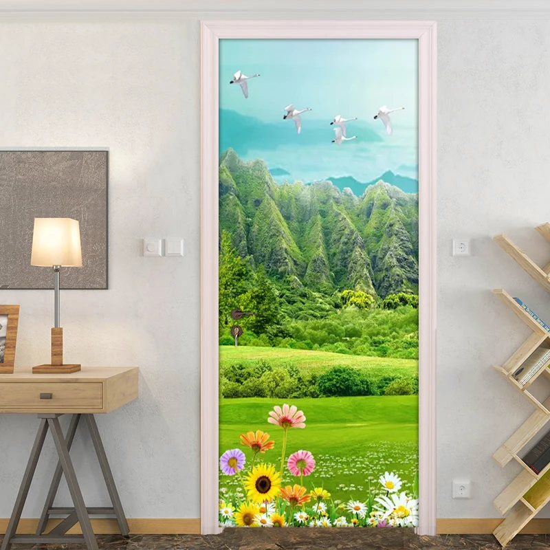 Green Mountain Grassland Floral Flower Door Sticker Wall Mural Wallpaper Decor PVC Waterproof Self-adhesive Poster Stickers | Дом и сад