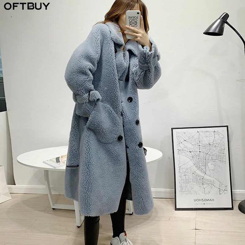 Небесно-голубой OFTBUY, зимняя женская куртка, гранулы, Овечья стрижка, искусственный мех, длинное пальто, 50% шерсть, двубортный Тренч, пальто, уличная одежда - Цвет: Небесно-голубой