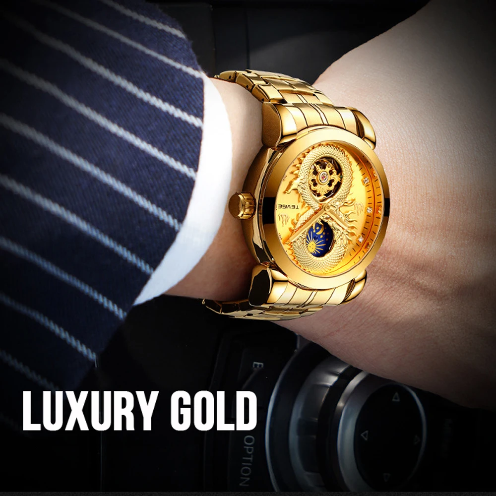 2019 TEVISE 3D мужские часы с драконом Для мужчин механические фаза Луны