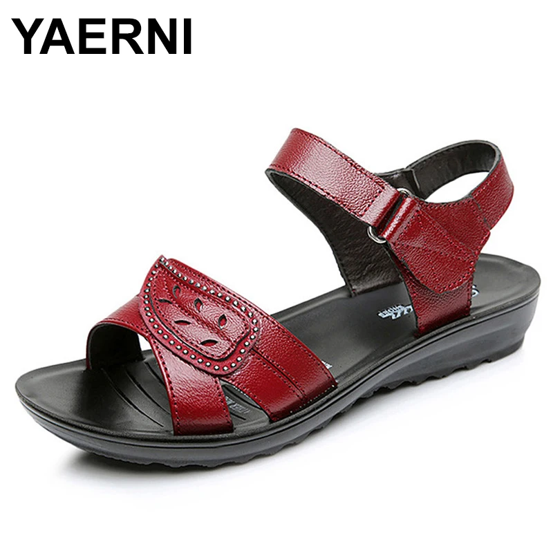 YAERNISummer/женские сандалии на плоской подошве Пляжная обувь из натуральной кожи