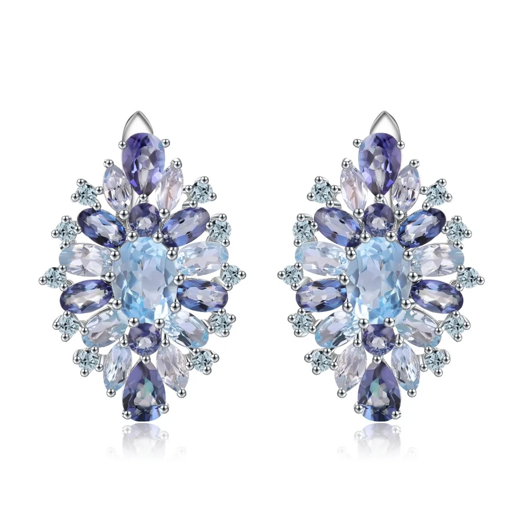 GEM'S BALLET 925 Sterling Silver Stud Earrings with Flower Shape Natural Sky Blue Topaz Mystic Quartz For Women Jewelry | Украшения и