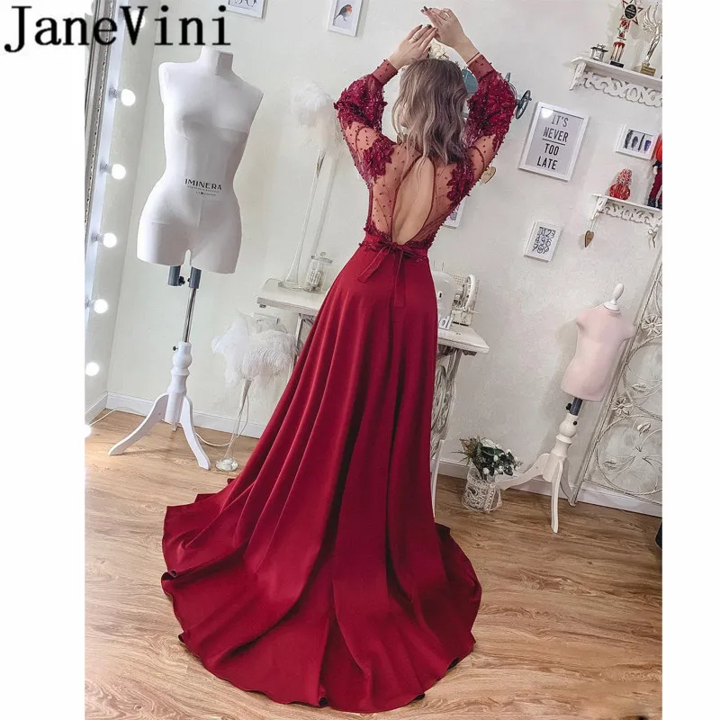 JaneVini с высоким воротом и длинными рукавами Выпускные платья Burgundy с жемчугом Иллюзия открытой спиной Вечерние платье развертки Поезд Атласное торжественное платье