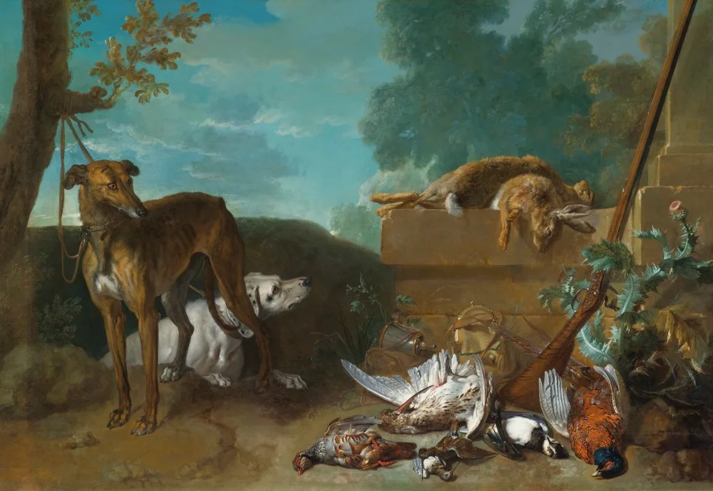 

100% handmade oil painting on linen canvas,Two dogs with hares and game birds by Jean-Baptiste Oudry,ANIMAL,Museum quaity