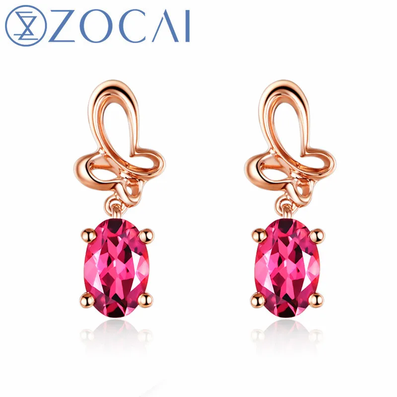 Серьги капли ZOCAI натуральный сертификат 0 82 CT Рубеллит розовое золото 18K (Au750)