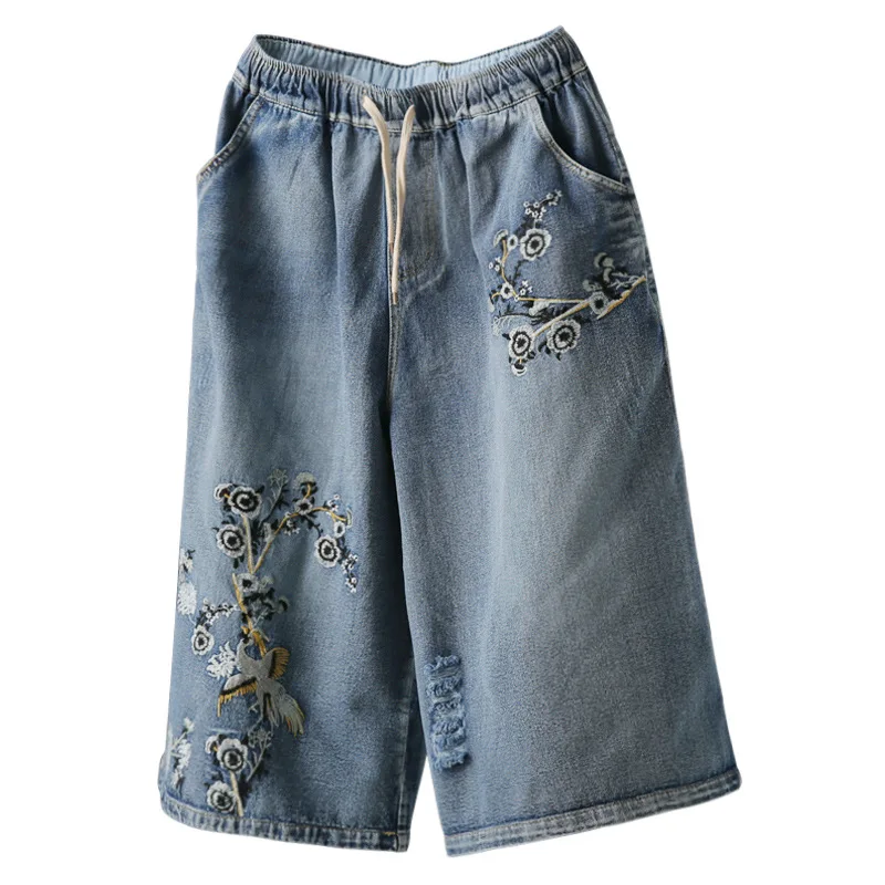 

Summer Pants 2019 Woman's Favorite Embroidery Jeans Female Streetwear Sweet Elastic Waist Drawstring Casual Pants Plus Size Jean